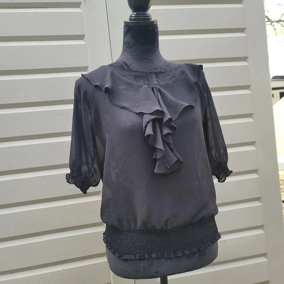 a.n.a. New Aproach Ladies Short Sleeve Black Sheer Ruffle Blouse Sz M Medium - Picture 8 of 9